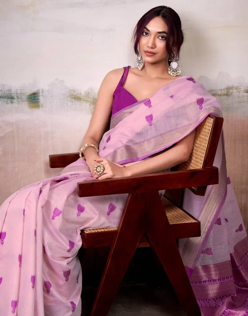 Light Olive Modal Cotton Saree With Printed Motifs And Zari Border 1752332919