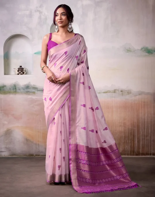 Light Olive Modal Cotton Saree With Printed Motifs And Zari Border 1752332922