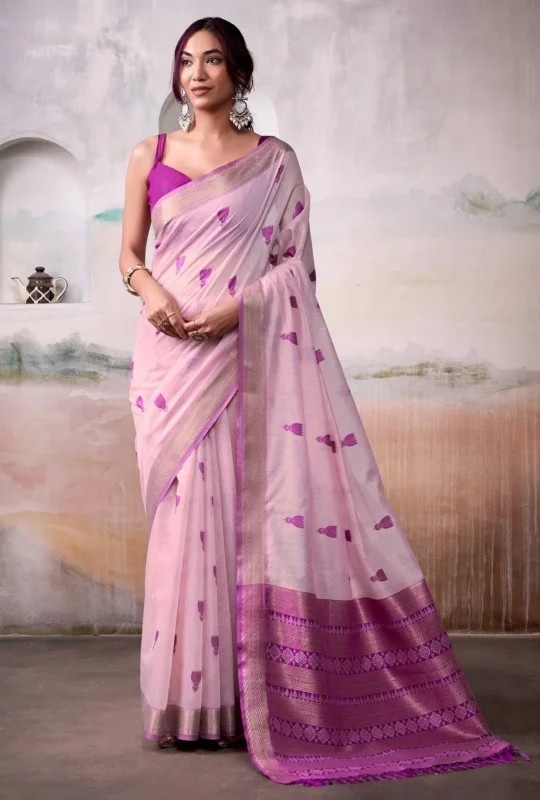 Light Olive Modal Cotton Saree With Printed Motifs And Zari Border 1752332922