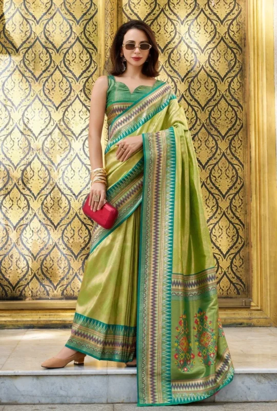 Lime Green Tissue Ikat Silk Saree 157353 2