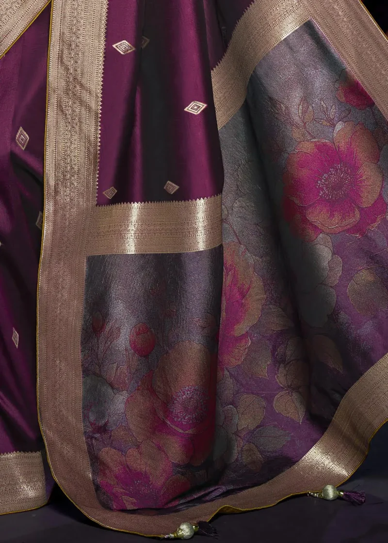 Majestic Wine Banarasi Saree With Embroidered Blouse 1753537735