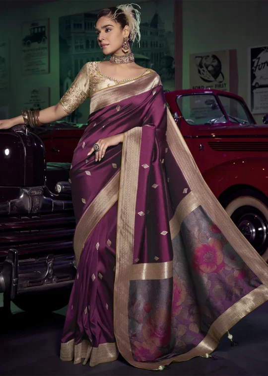 Majestic Wine Banarasi Saree With Embroidered Blouse 1753537737