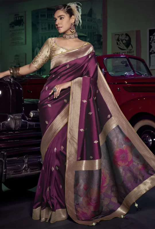 Majestic Wine Banarasi Saree With Embroidered Blouse 1753537737