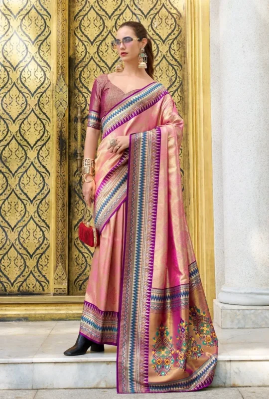 Pink Gold Tissue Ikat Silk Saree 456769 2