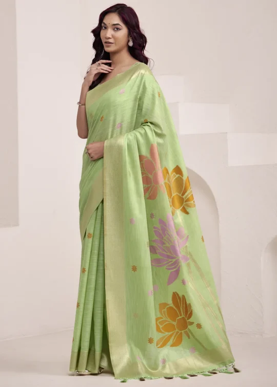 Pista Green Woven Linen Silk Saree With Floral Motifs 1752943993