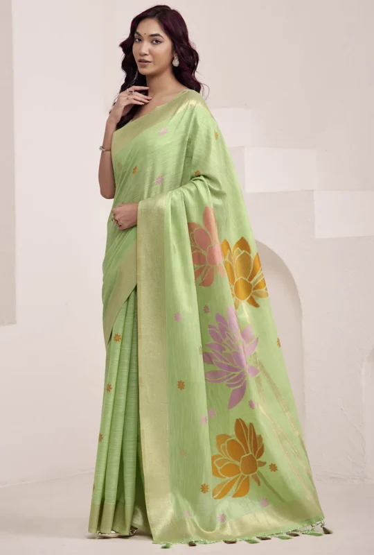 Pista Green Woven Linen Silk Saree With Floral Motifs 1752943993