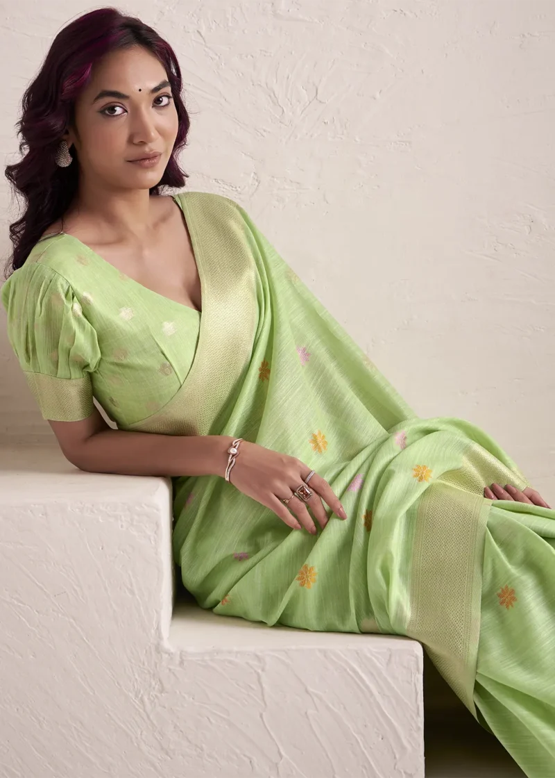 Pista Green Woven Linen Silk Saree With Floral Motifs 1752943994