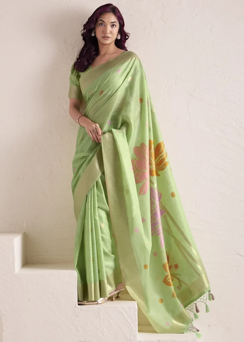 Pista Green Woven Linen Silk Saree With Floral Motifs 1752943996