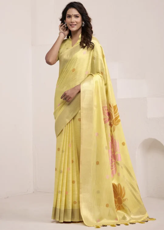 Pista Green Woven Linen Silk Saree With Floral Motifs 1752943998