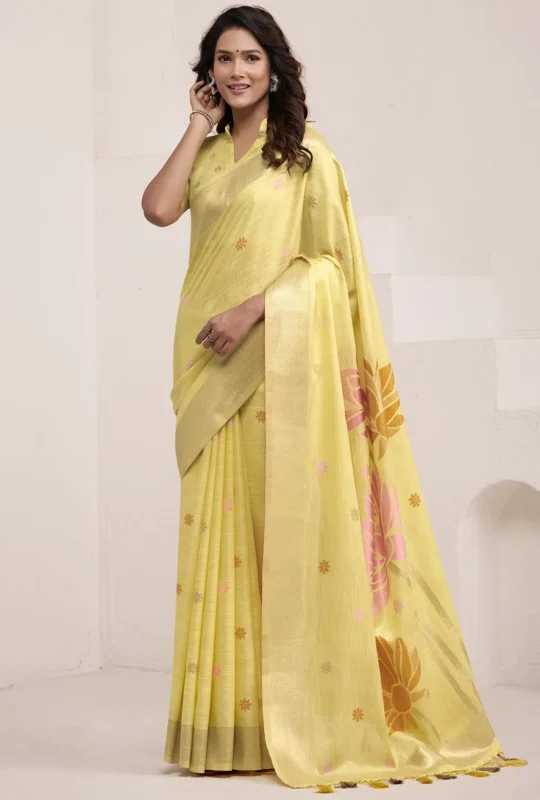 Pista Green Woven Linen Silk Saree With Floral Motifs 1752943998