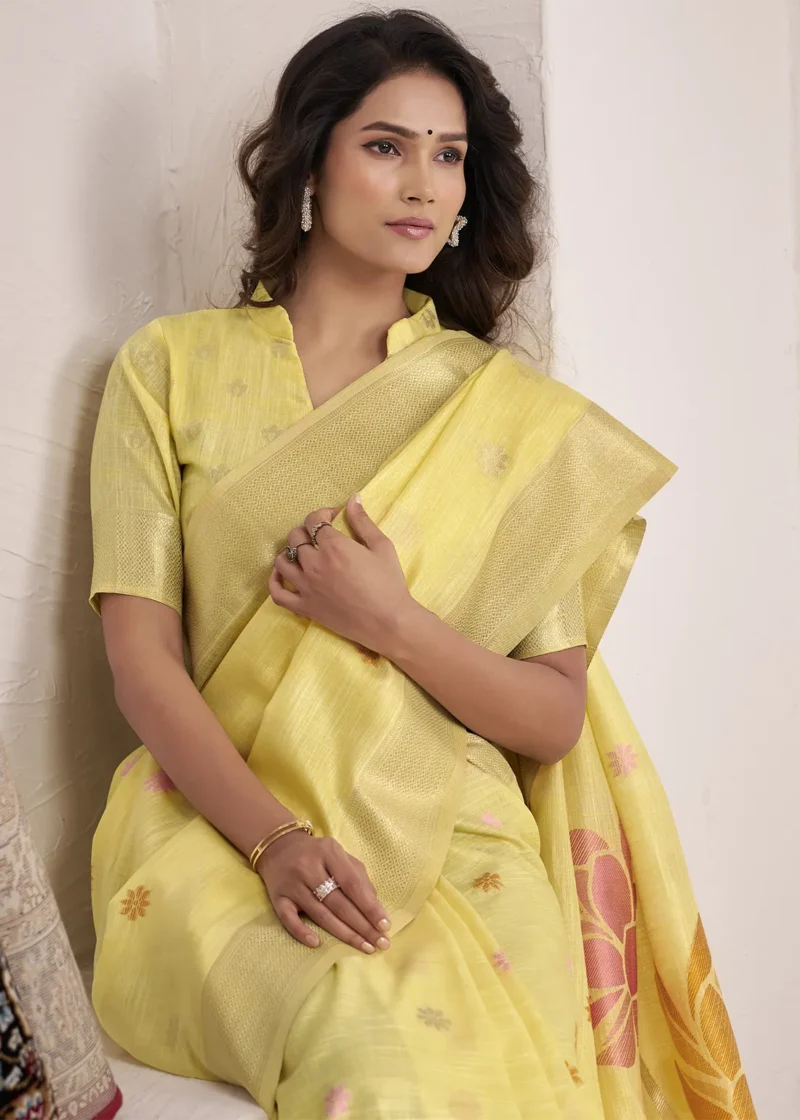 Pista Green Woven Linen Silk Saree With Floral Motifs 1752943999