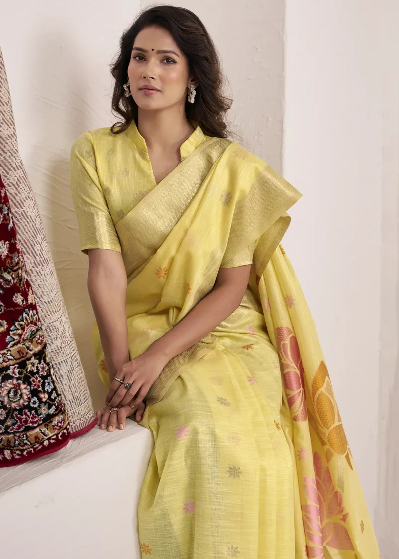 Pista Green Woven Linen Silk Saree With Floral Motifs 1752944001