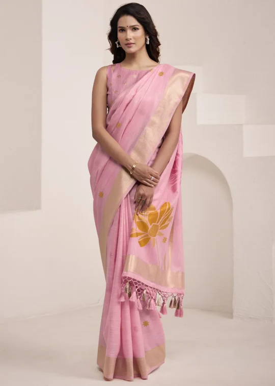 Pista Green Woven Linen Silk Saree With Floral Motifs 1752944005