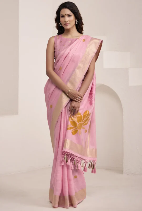 Pista Green Woven Linen Silk Saree With Floral Motifs 1752944005