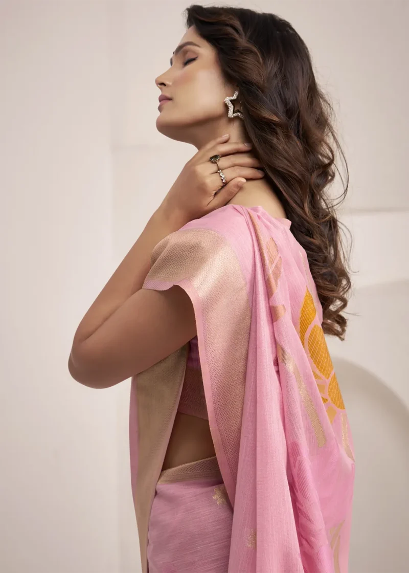 Pista Green Woven Linen Silk Saree With Floral Motifs 1752944006