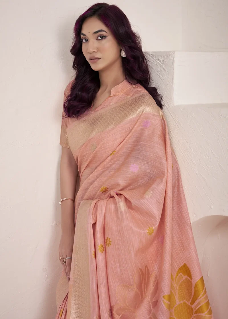 Pista Green Woven Linen Silk Saree With Floral Motifs 1752944007