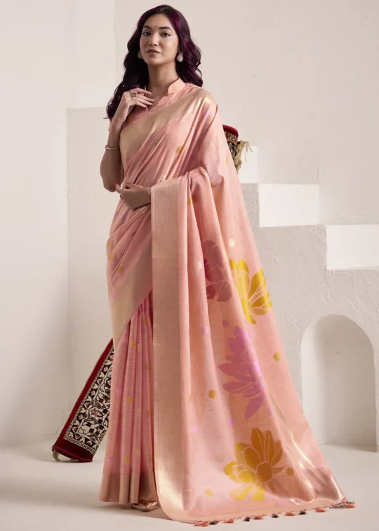 Pista Green Woven Linen Silk Saree With Floral Motifs 1752944009