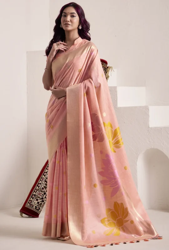 Pista Green Woven Linen Silk Saree With Floral Motifs 1752944009