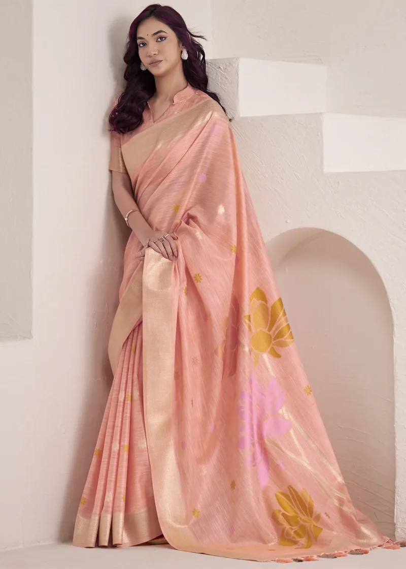 Pista Green Woven Linen Silk Saree With Floral Motifs 1752944010