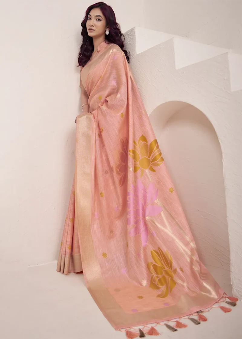 Pista Green Woven Linen Silk Saree With Floral Motifs 1752944012