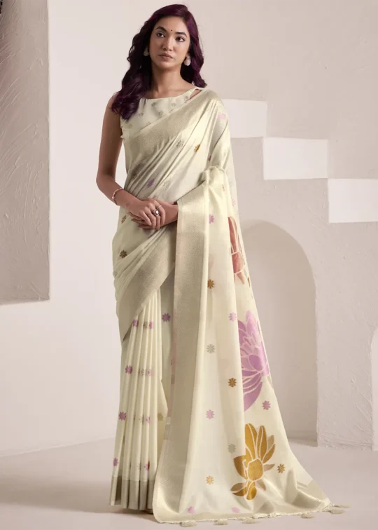 Pista Green Woven Linen Silk Saree With Floral Motifs 1752944013