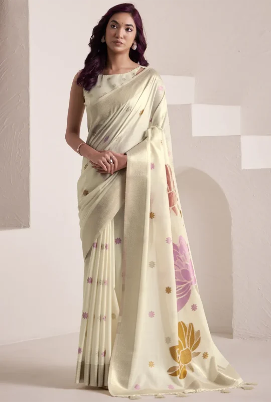 Pista Green Woven Linen Silk Saree With Floral Motifs 1752944013