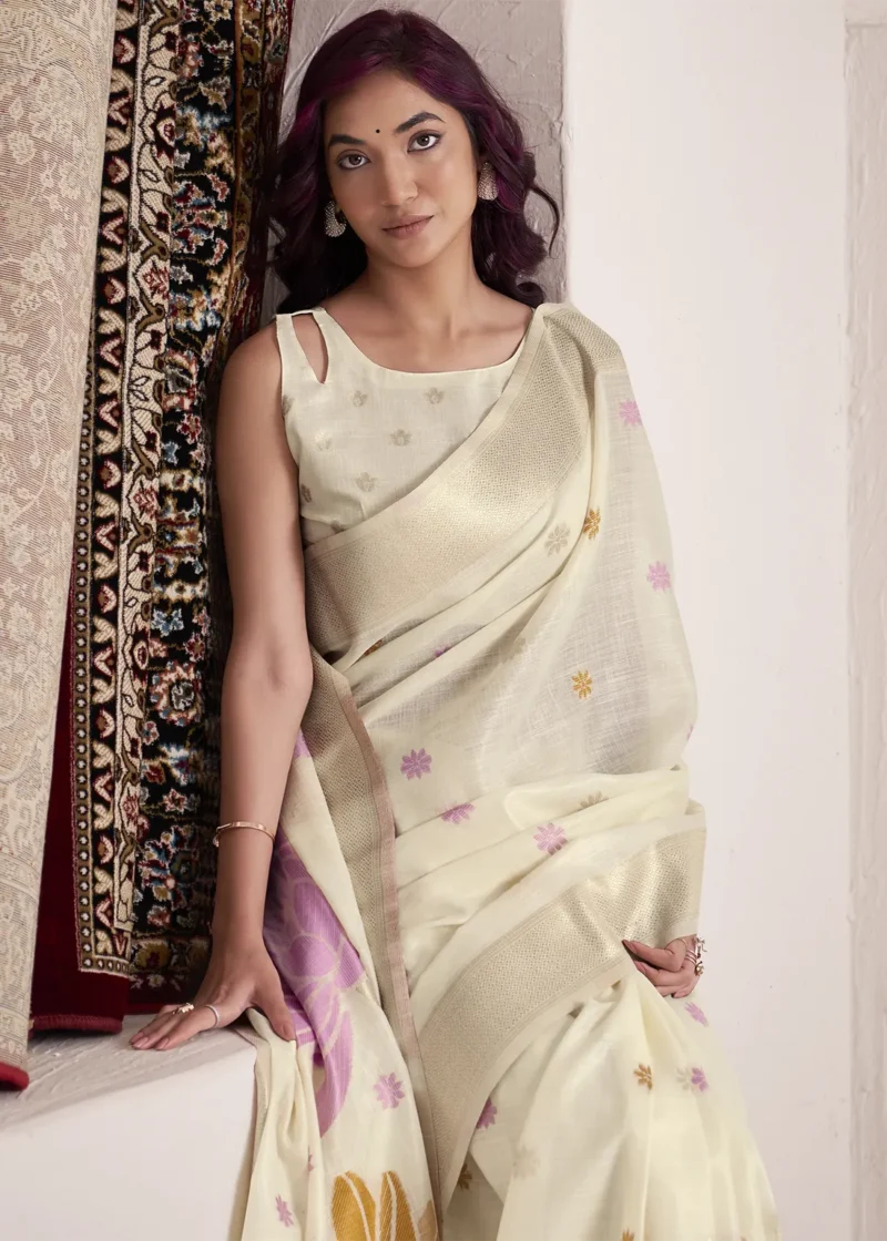 Pista Green Woven Linen Silk Saree With Floral Motifs 1752944014