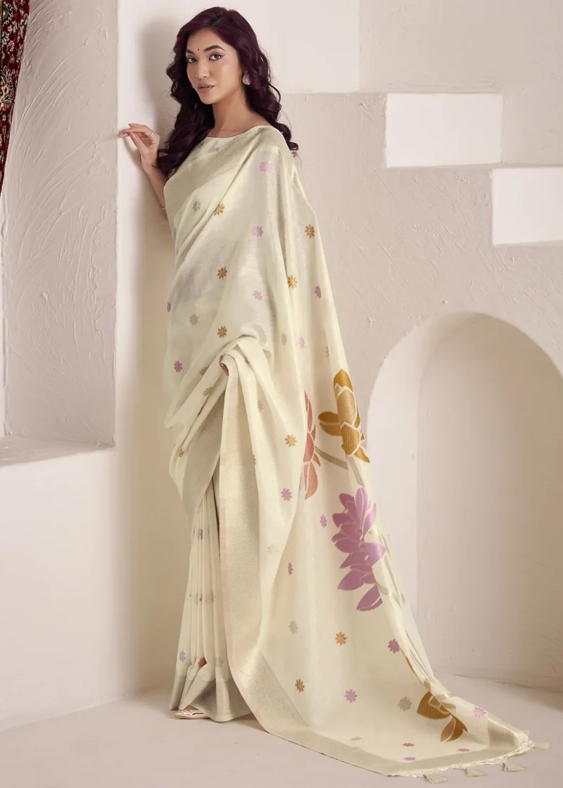 Pista Green Woven Linen Silk Saree With Floral Motifs 1752944015