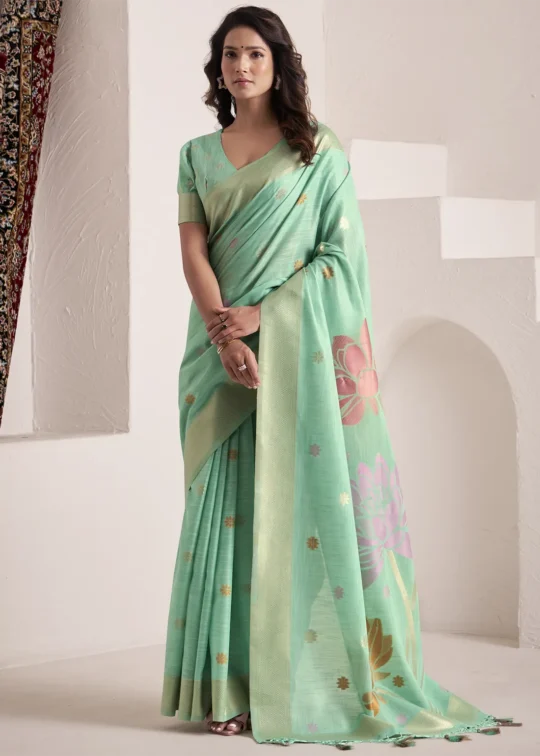 Pista Green Woven Linen Silk Saree With Floral Motifs 1752944018