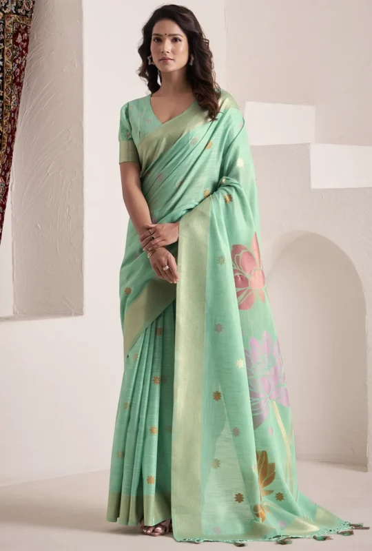 Pista Green Woven Linen Silk Saree With Floral Motifs 1752944018
