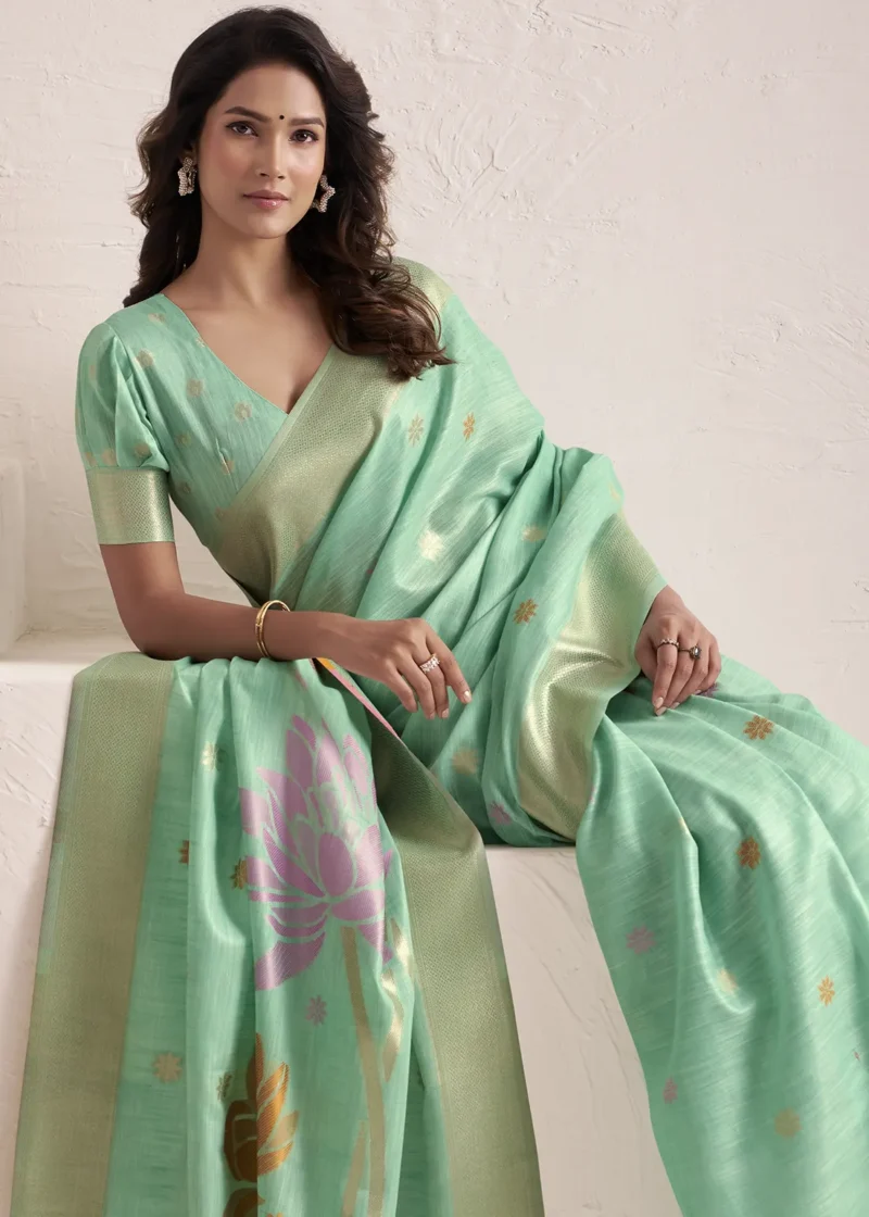 Pista Green Woven Linen Silk Saree With Floral Motifs 1752944020