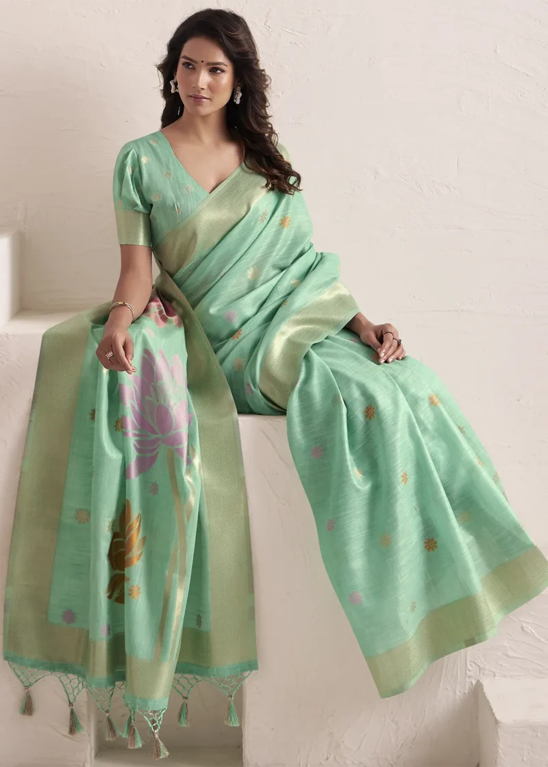 Pista Green Woven Linen Silk Saree With Floral Motifs 1752944021