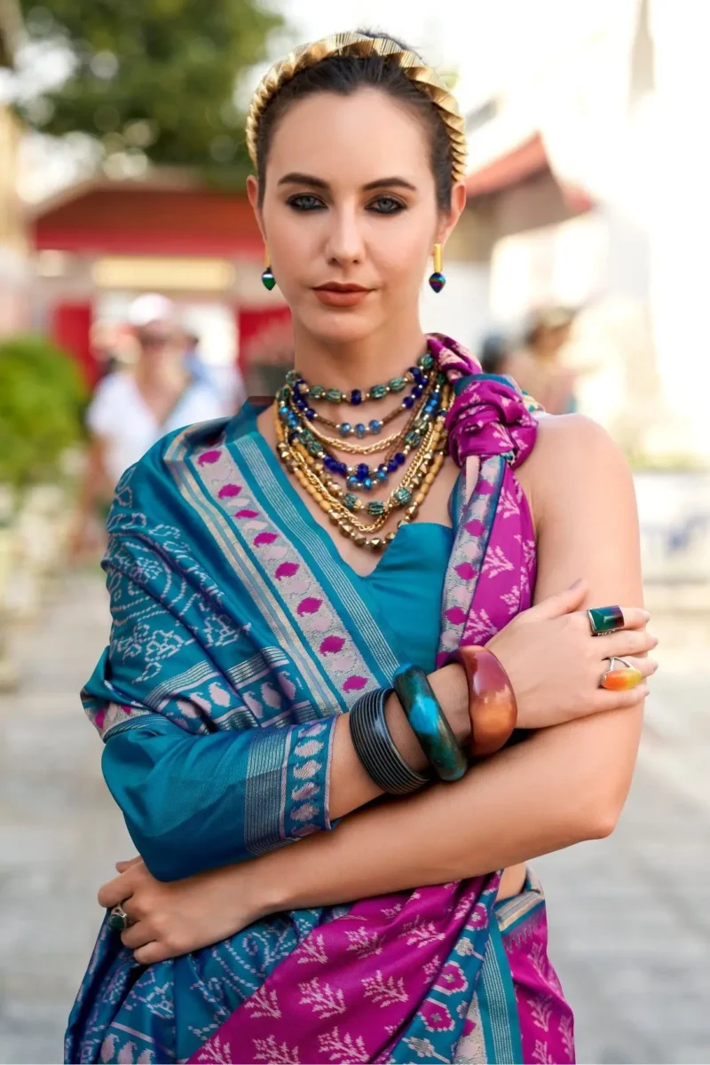 Teal Blue And Rani Pink Banarasi Silk Saree 1752323902