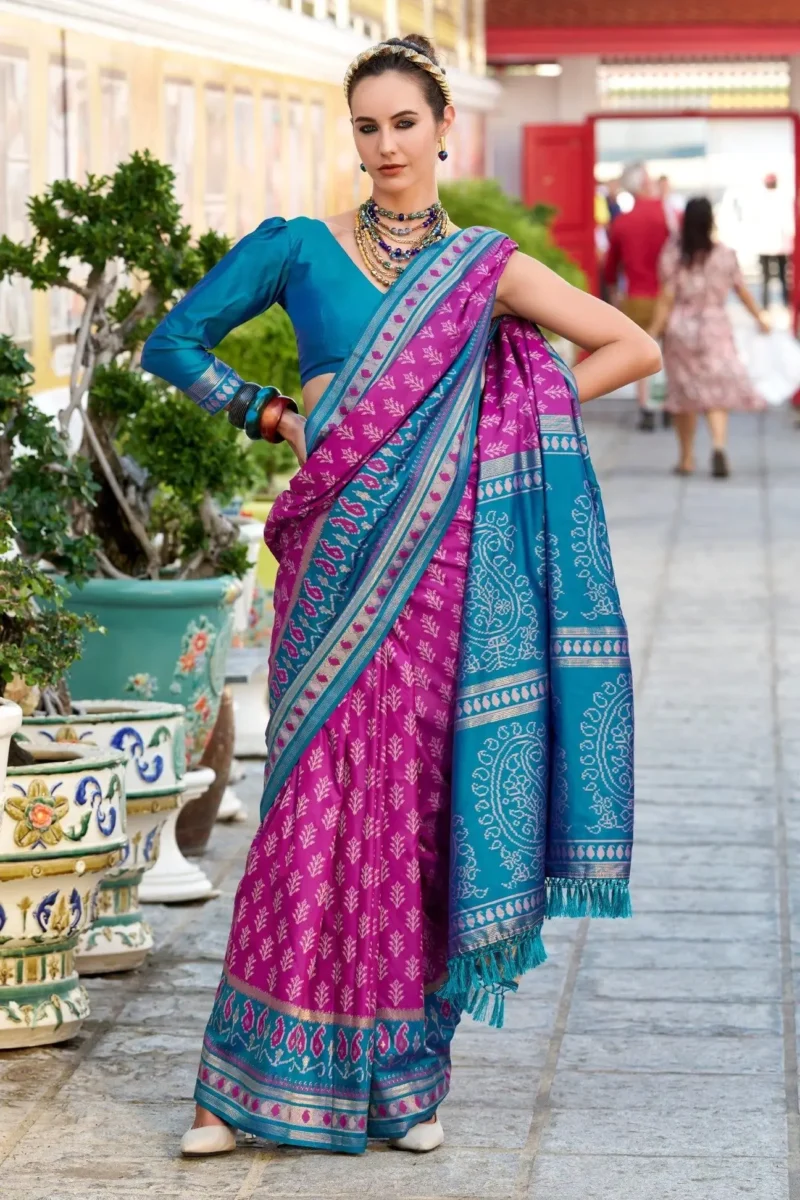 Teal Blue And Rani Pink Banarasi Silk Saree 1752323904