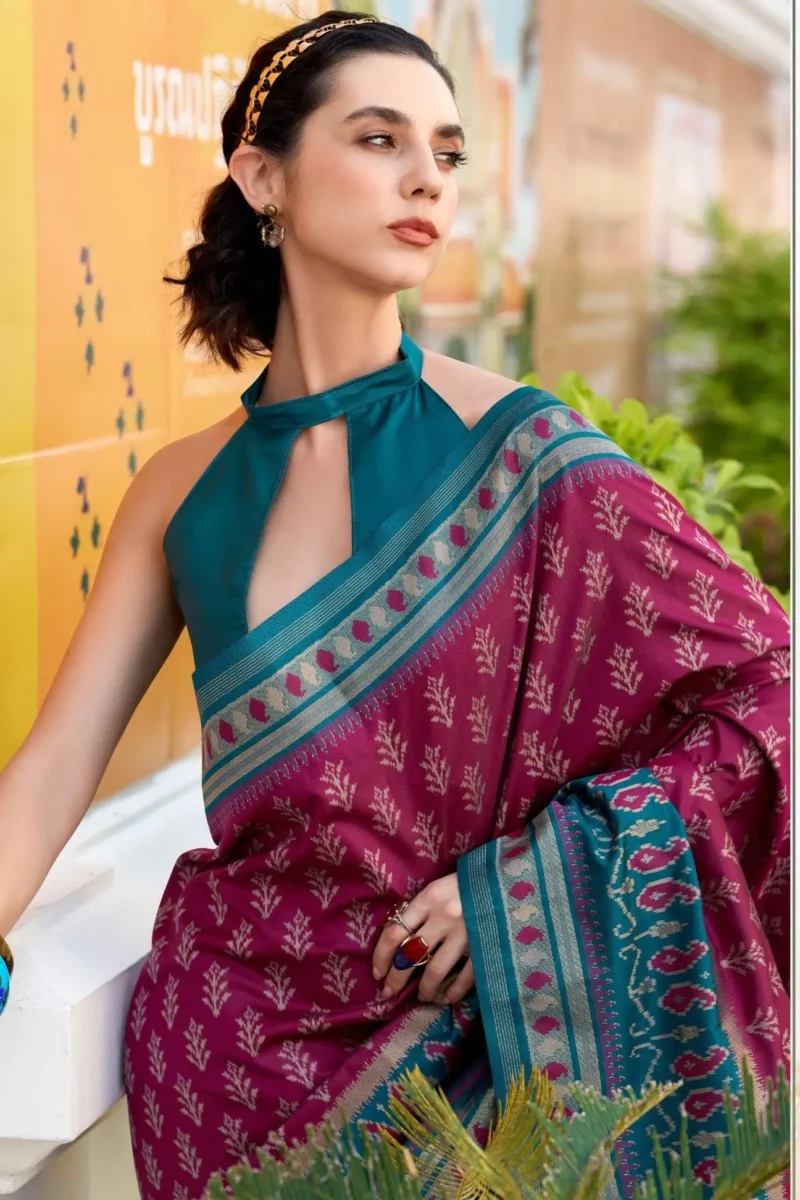 Teal Blue And Rani Pink Banarasi Silk Saree 1752323929
