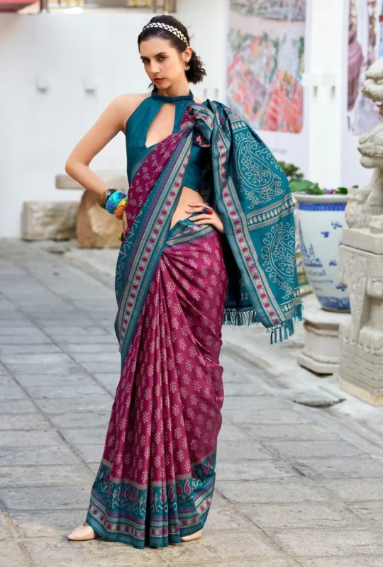 Teal Blue And Rani Pink Banarasi Silk Saree 1752323931