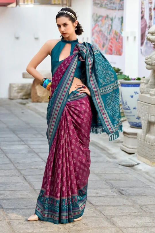 Teal Blue And Rani Pink Banarasi Silk Saree 1752323931