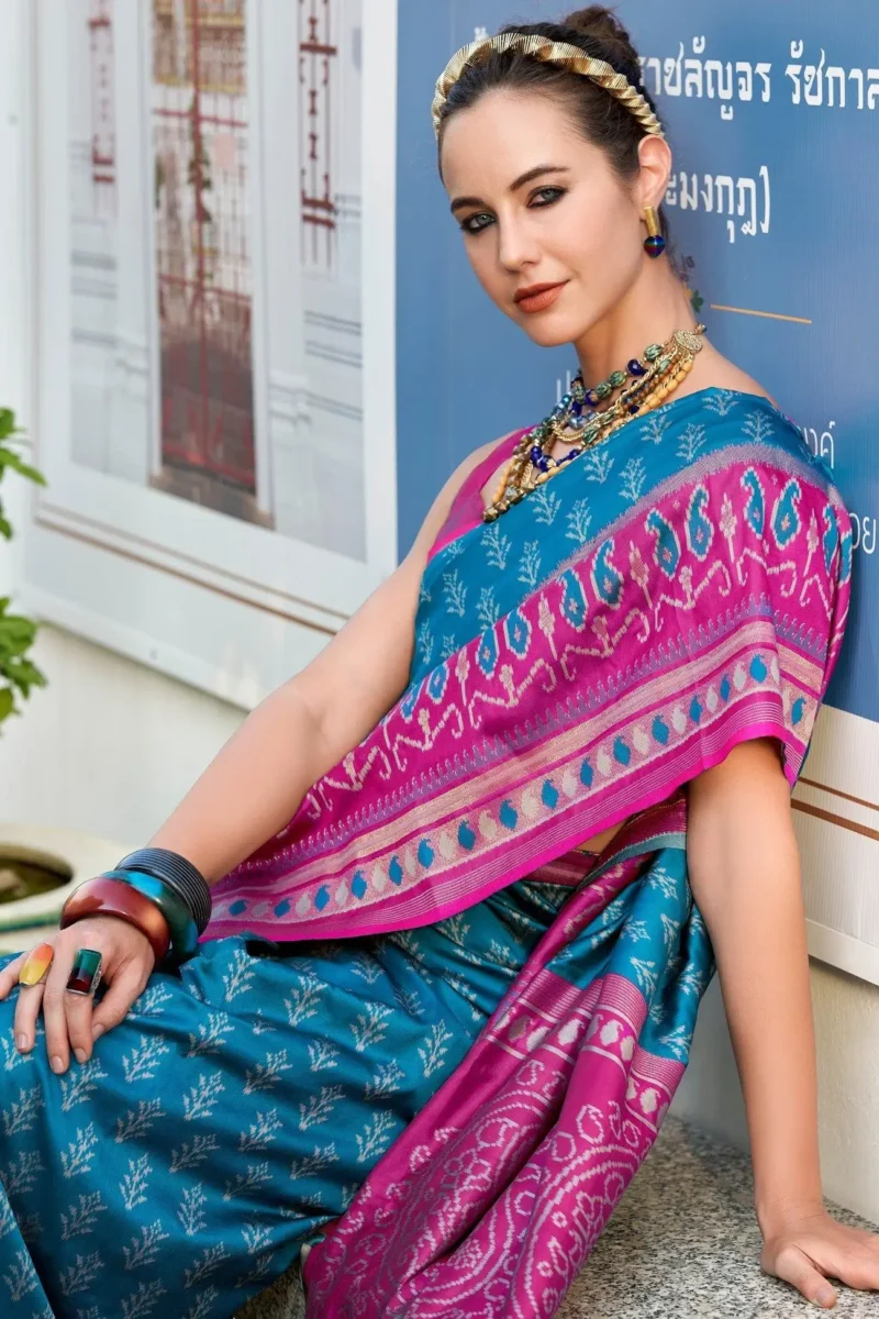 Teal Blue And Rani Pink Banarasi Silk Saree 1752324158