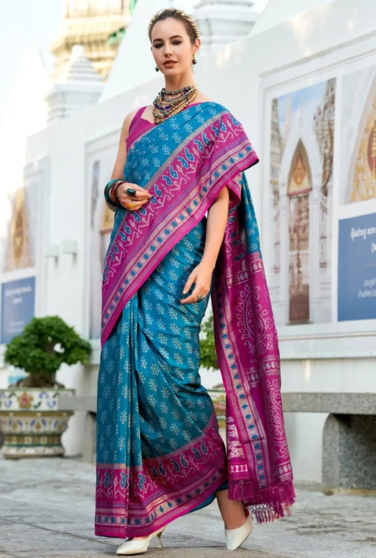 Teal Blue And Rani Pink Banarasi Silk Saree 1752324162