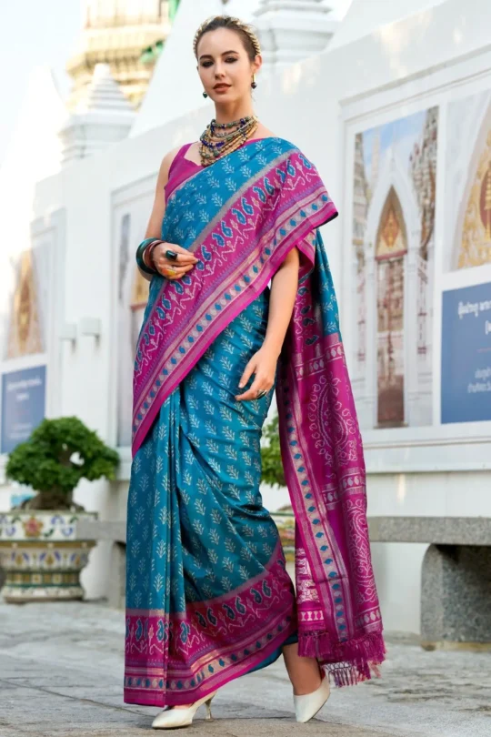 Teal Blue And Rani Pink Banarasi Silk Saree 1752324162