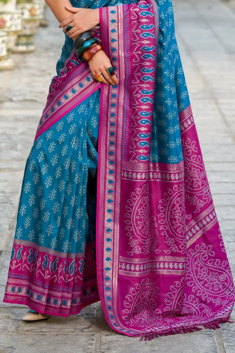 Teal Blue And Rani Pink Banarasi Silk Saree 1752324164