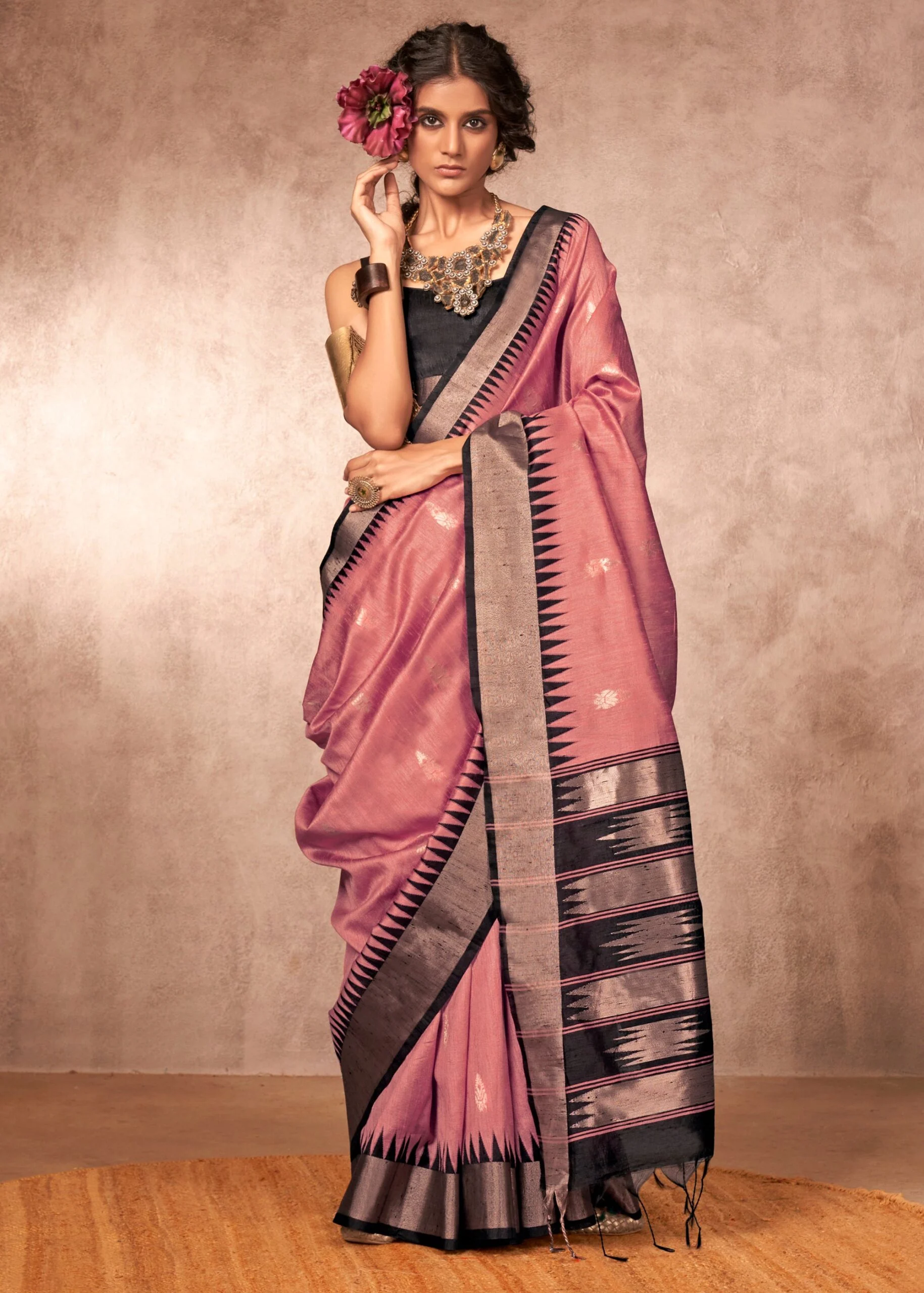 1_376bd4ae-a4cb-42cd-b0df-82a22ad16489 Mauve Pink Banarasi Silk Saree with Contrast Border - Image 1