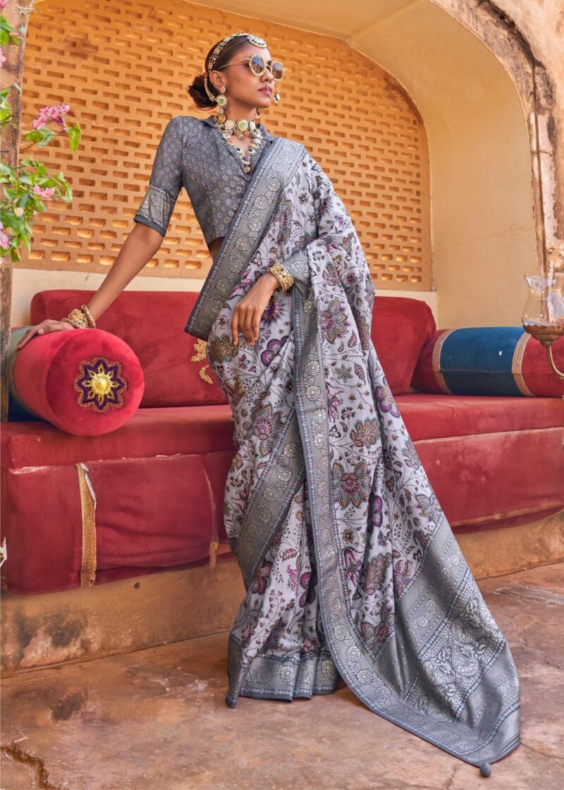 1_5ca5cd41-3a08-4058-b760-ad4f54d5cd10 Deep Grey Luxe Floral Printed Silk Saree - Image 1