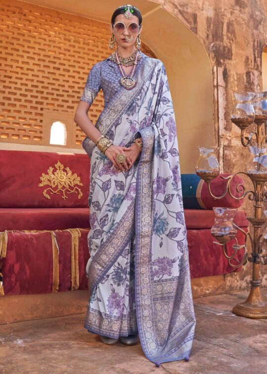 Lilac Purple Luxe Floral Printed Silk Saree