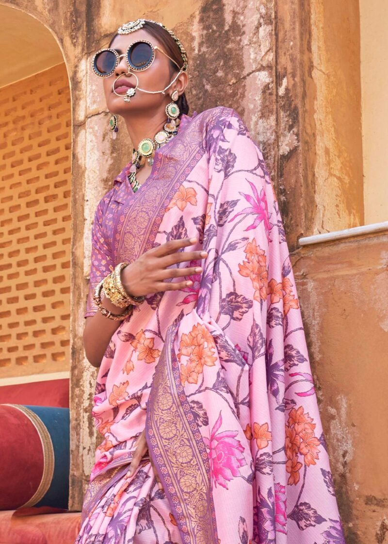 Blush Pink Luxe Floral Printed Silk Saree - Image 4