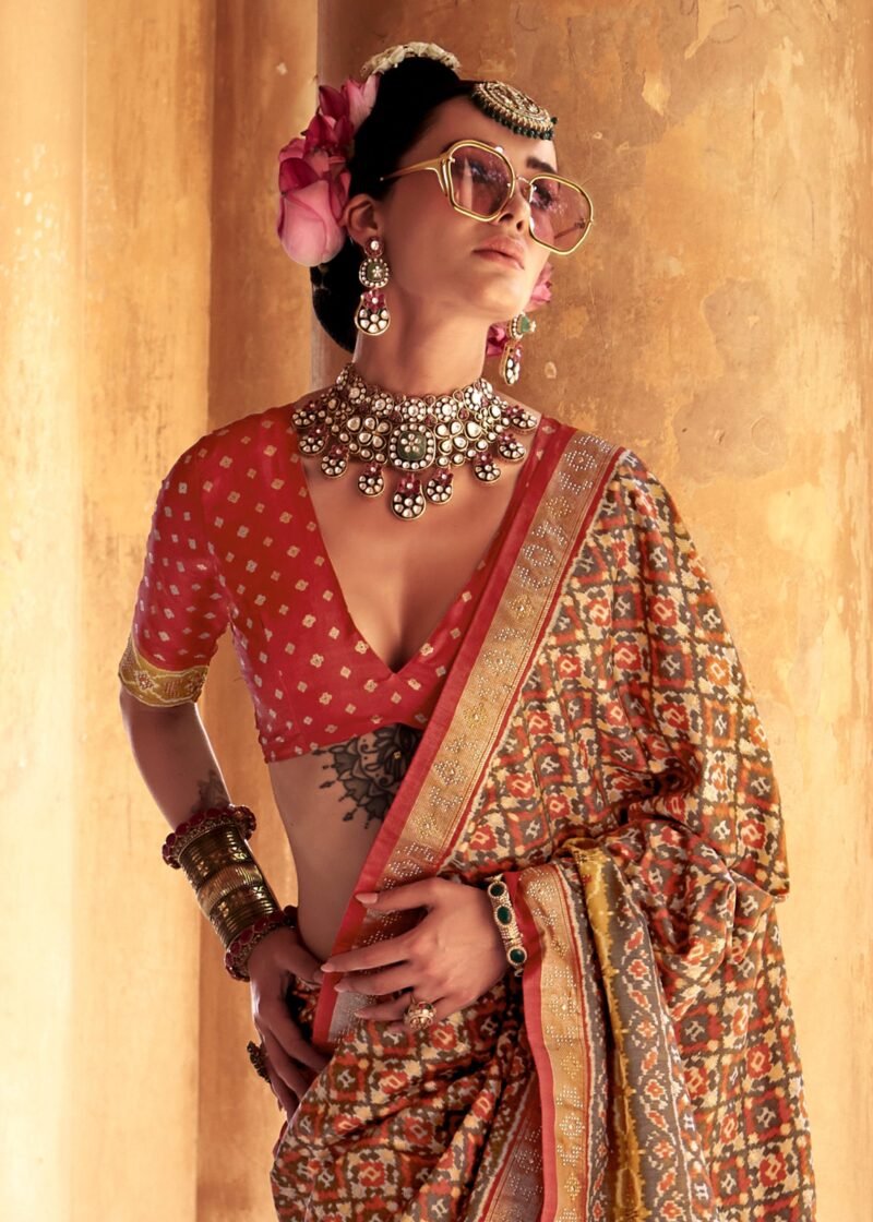 Rust Orange Printed Traditional Patola Silk Saree - Image 2