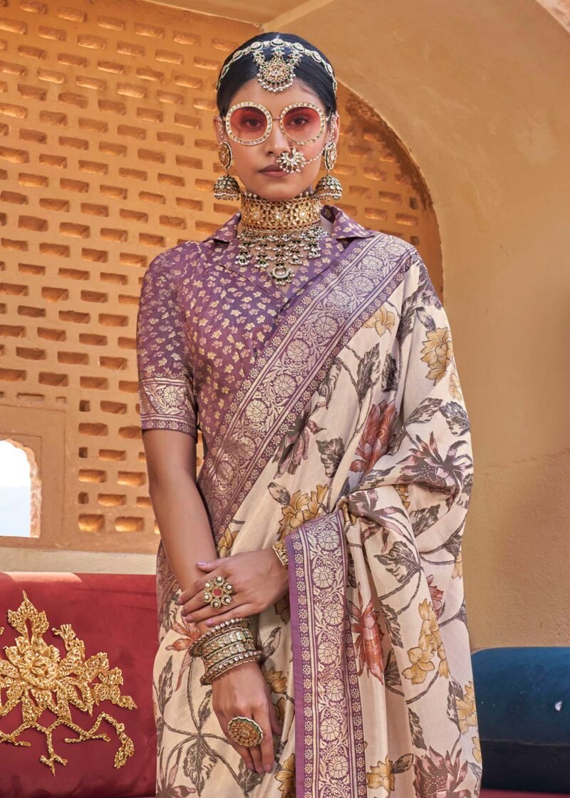 Sand Beige Luxe Floral Printed Silk Saree - Image 3