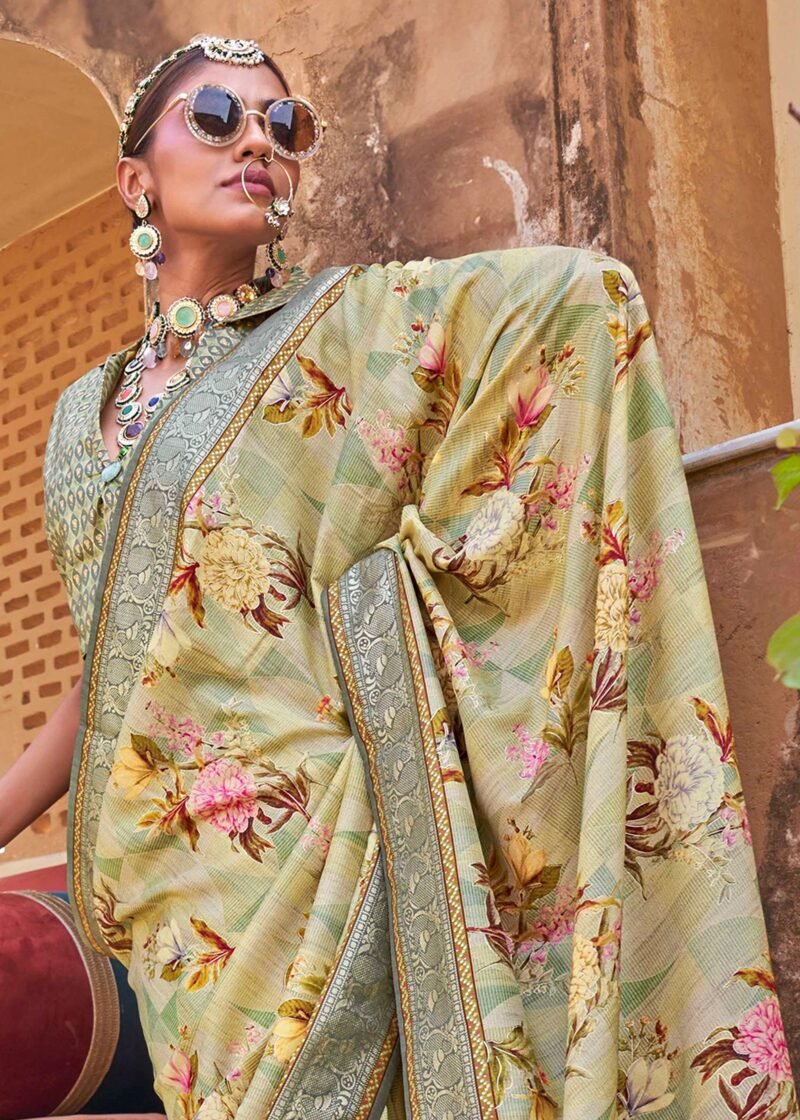 Herbal Green Luxe Floral Printed Silk Saree - Image 2