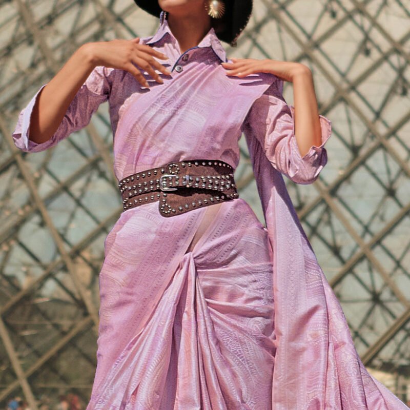 Purple Woven Satin Saree With Tassels - Image 3