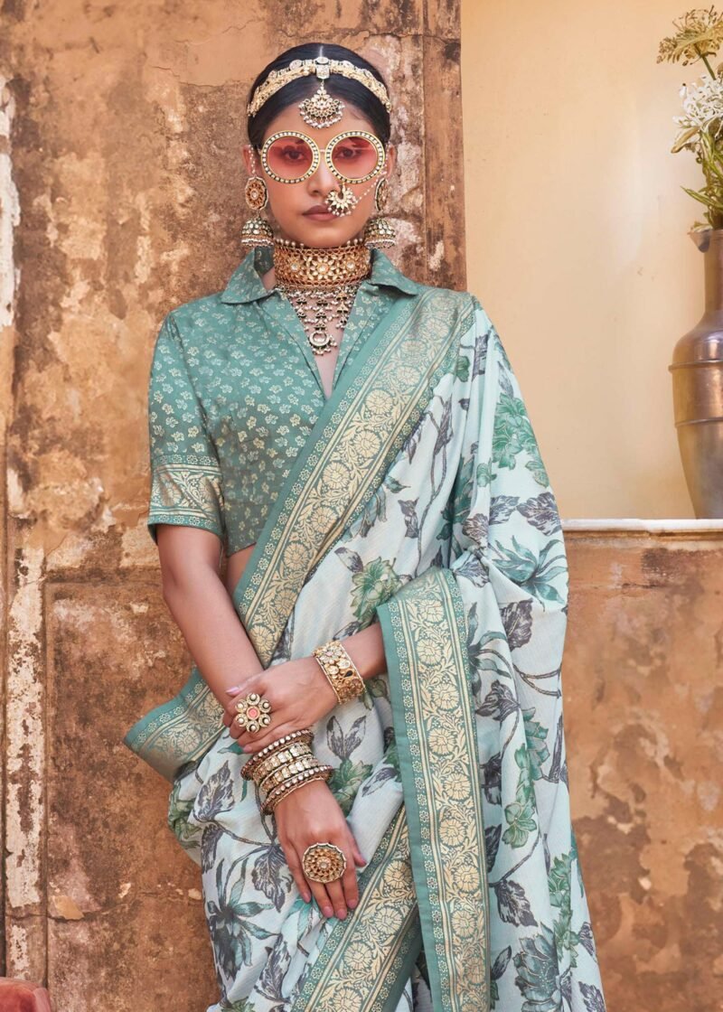 Dusky Green Luxe Floral Printed Silk Saree - Image 4